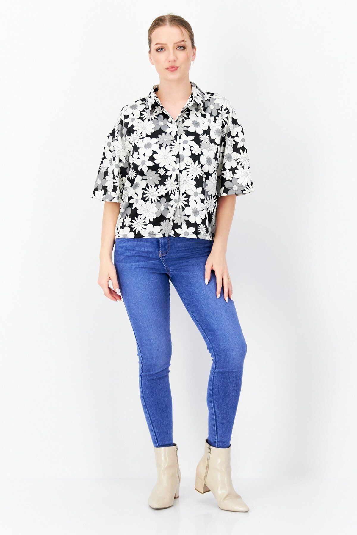 French Connection-Women Spread Collar Short Sleeve Floral Blouse, Black 4