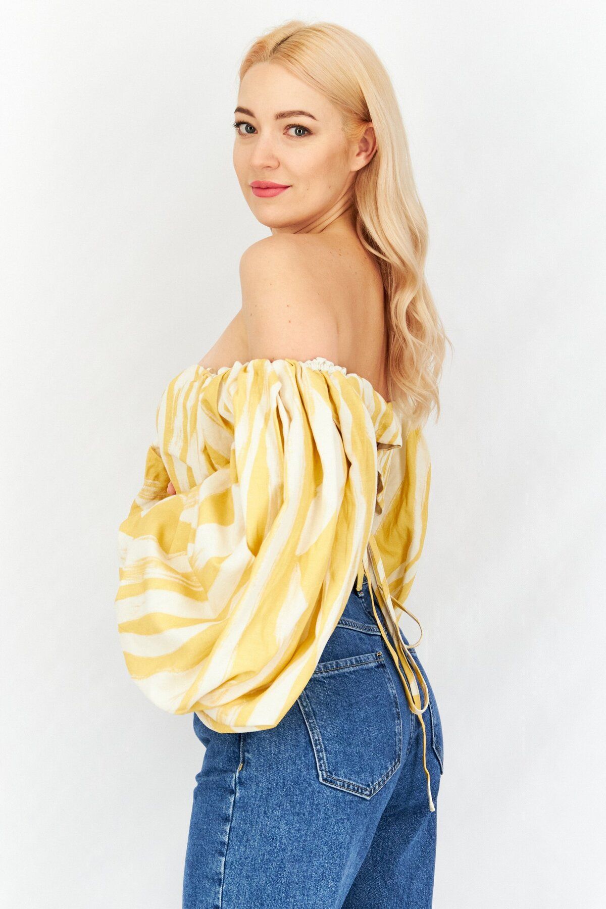 Asos Design-Women Off Shoulder Puff Sleeve Stripe Crop Top, Mustard 2