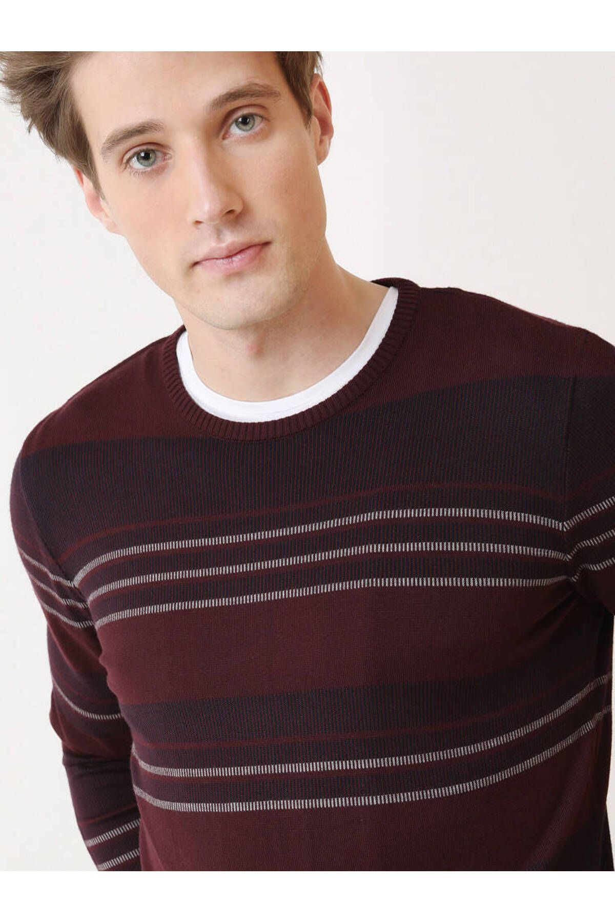 Kip-Crew Neck Claret Red Striped Knitwear 3