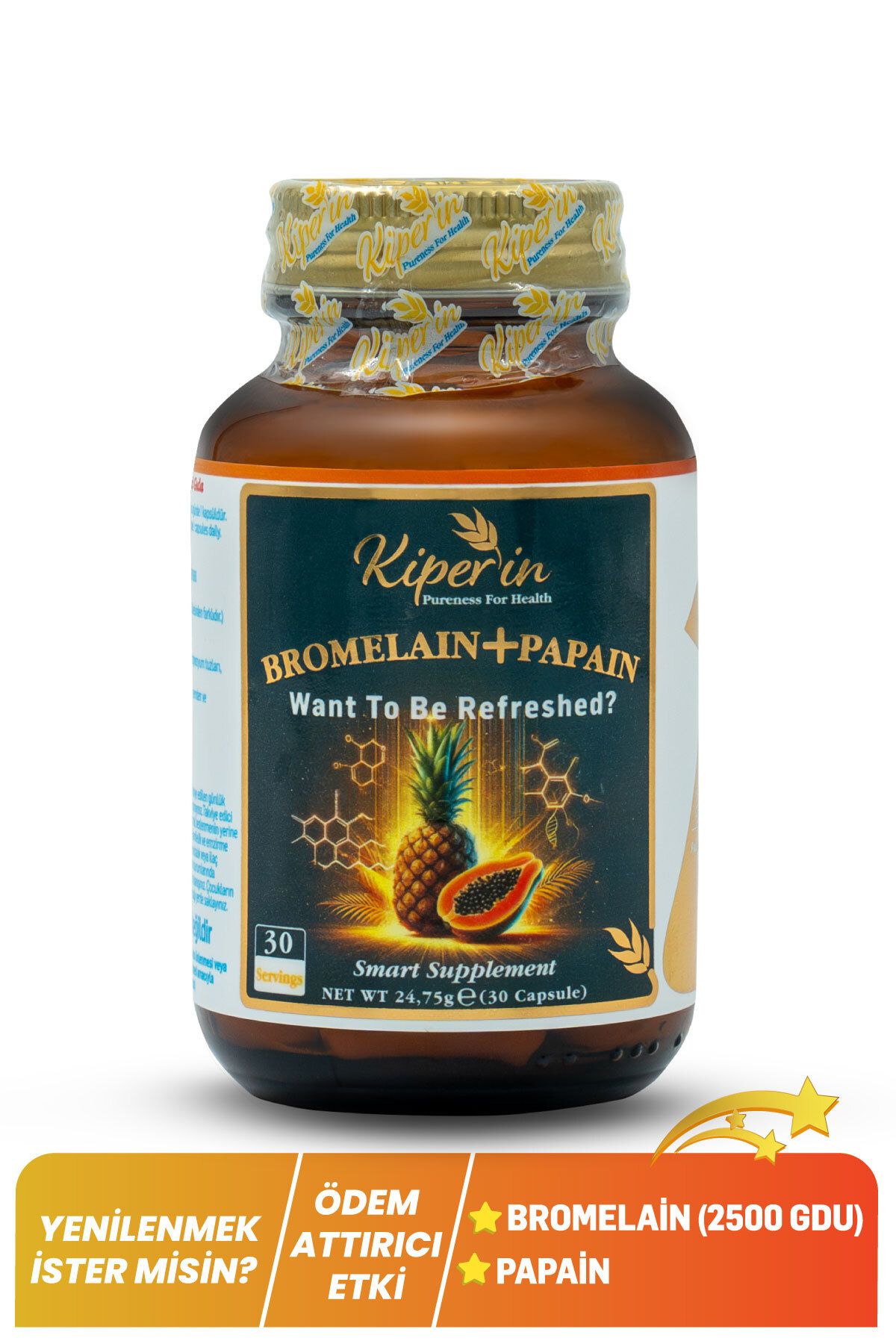 Kiperin Bromelain(2500 Gdu) & Papain - Doğal Proteolitik Enzim (30Kapsül & 700mg) | Akıllı Gıda Takviyesi