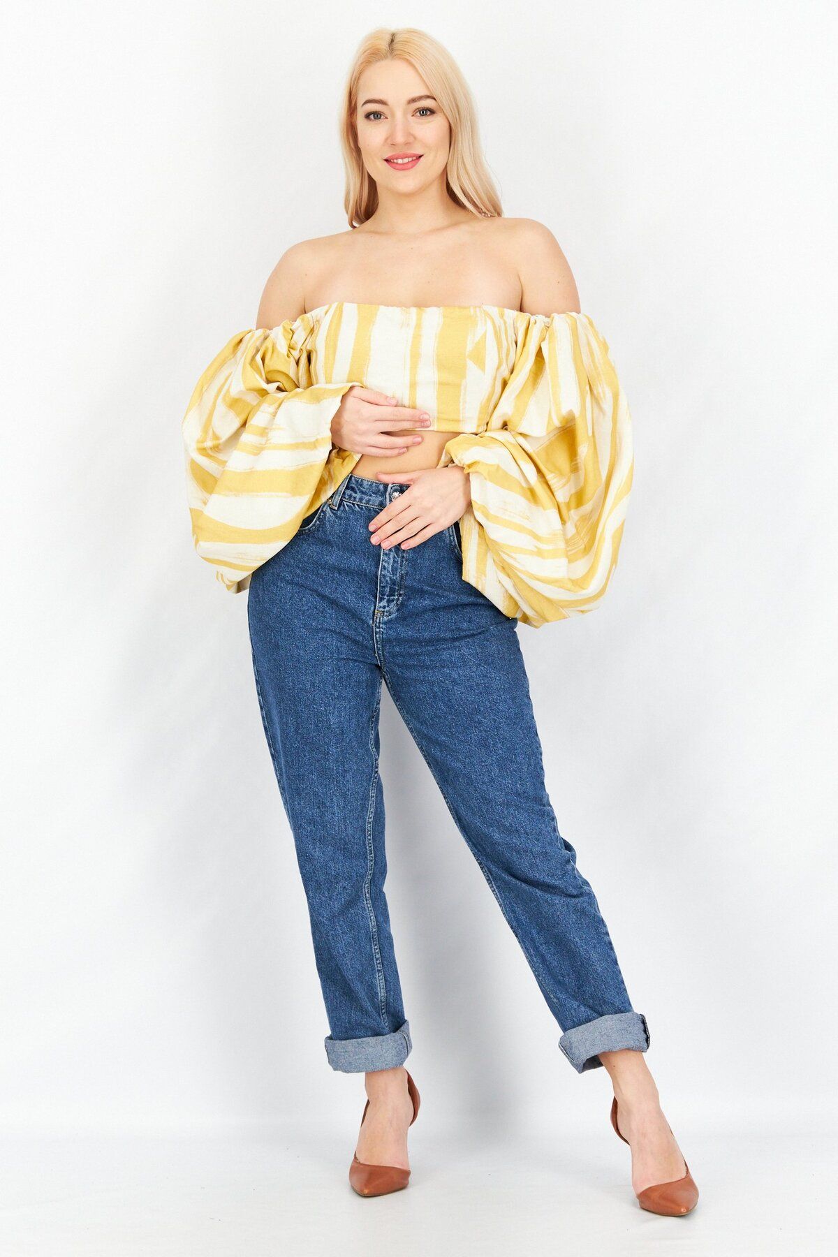 Asos Design-Women Off Shoulder Puff Sleeve Stripe Crop Top, Mustard 4