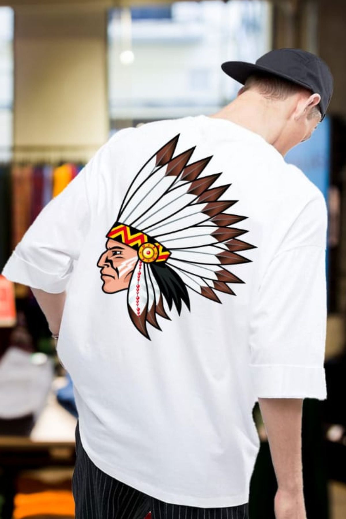 FECCY Pamuklu Indian Chief Baskılı Oversize T-shirt