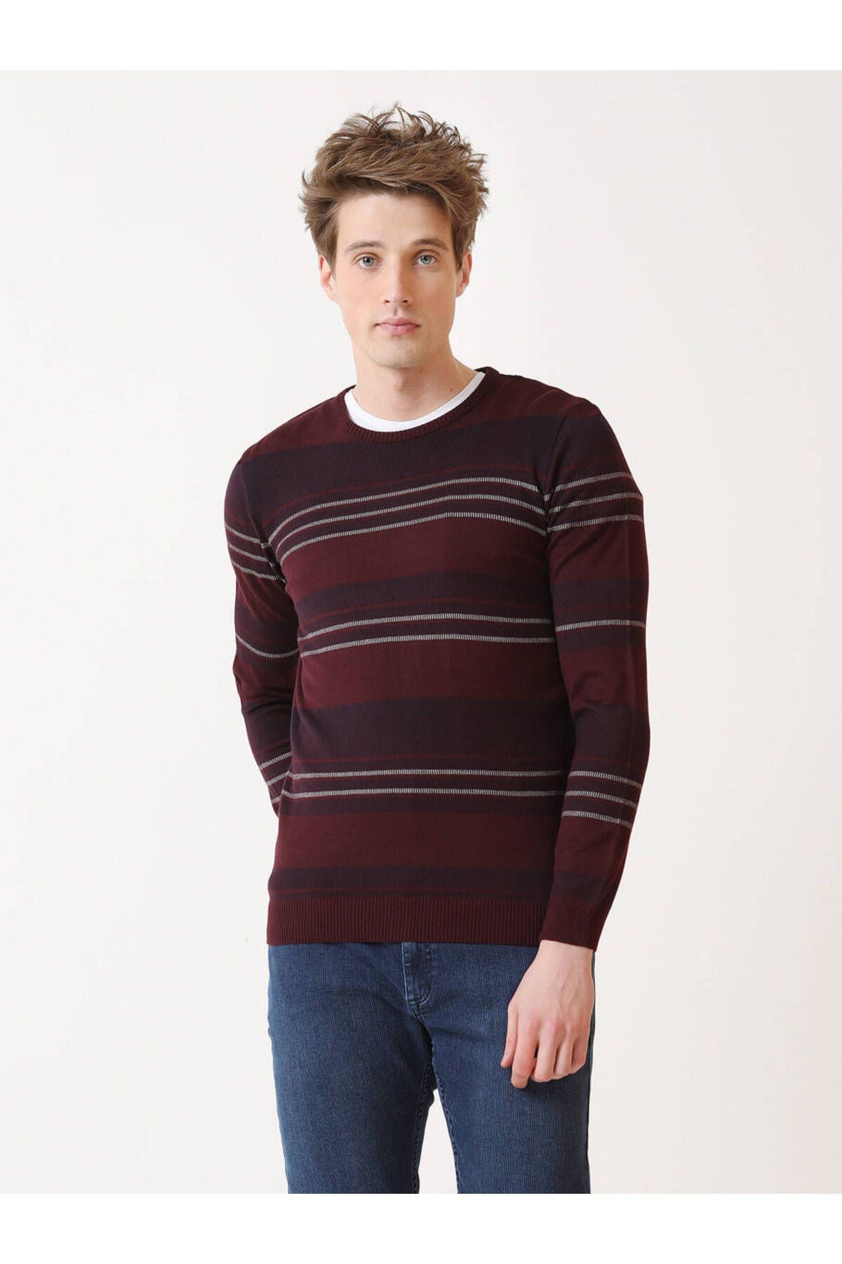 Kip-Crew Neck Claret Red Striped Knitwear 1