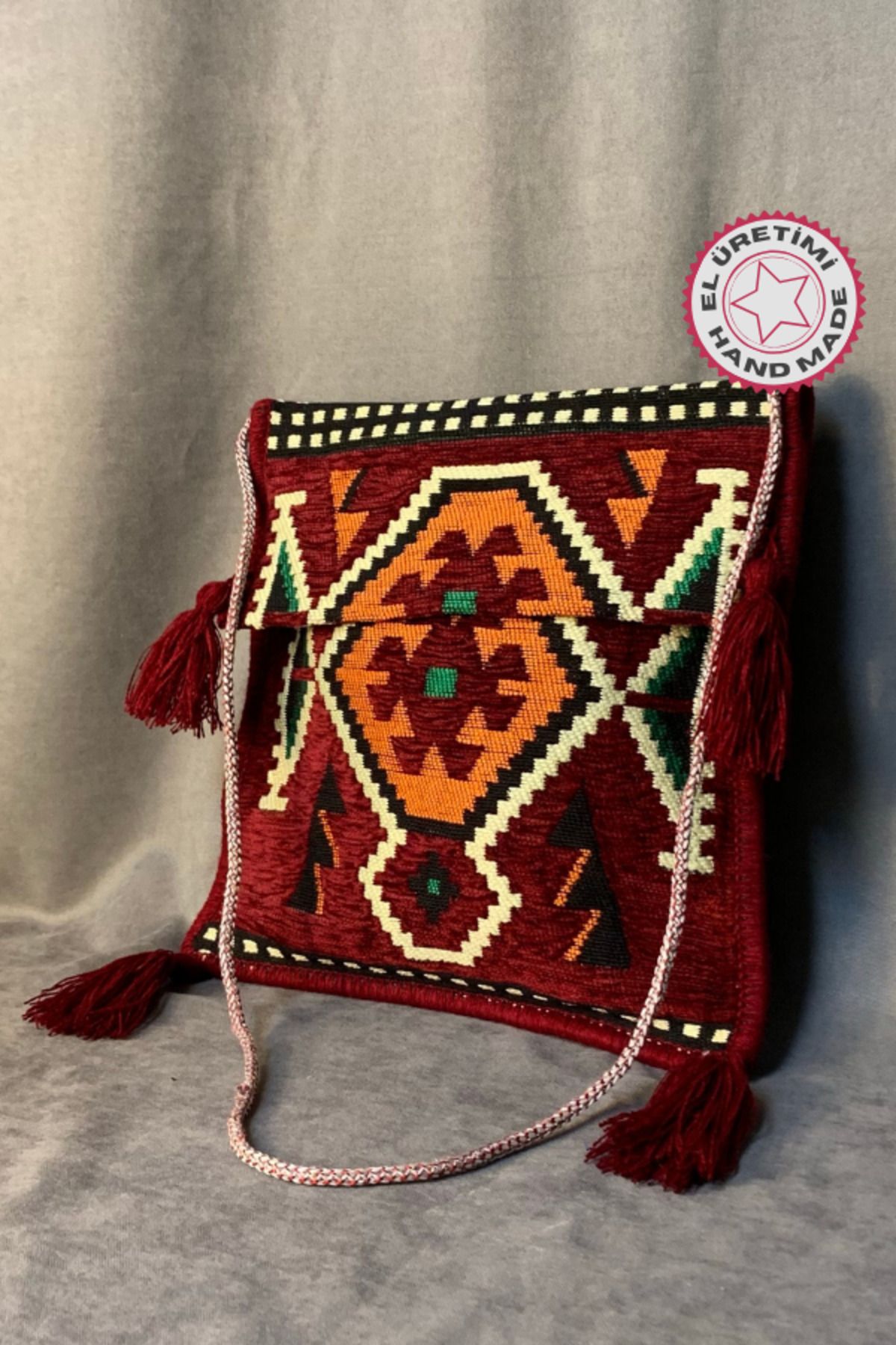 Uretti - Hüseyin 1361 - Otantik Kilim Desenli Dokuma Heybe Çanta - Bordo