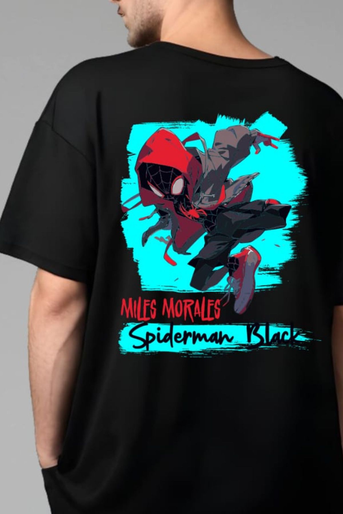 FECCY Pamuklu Miles Morales Spiderman Black Baskılı Oversize T-shirt