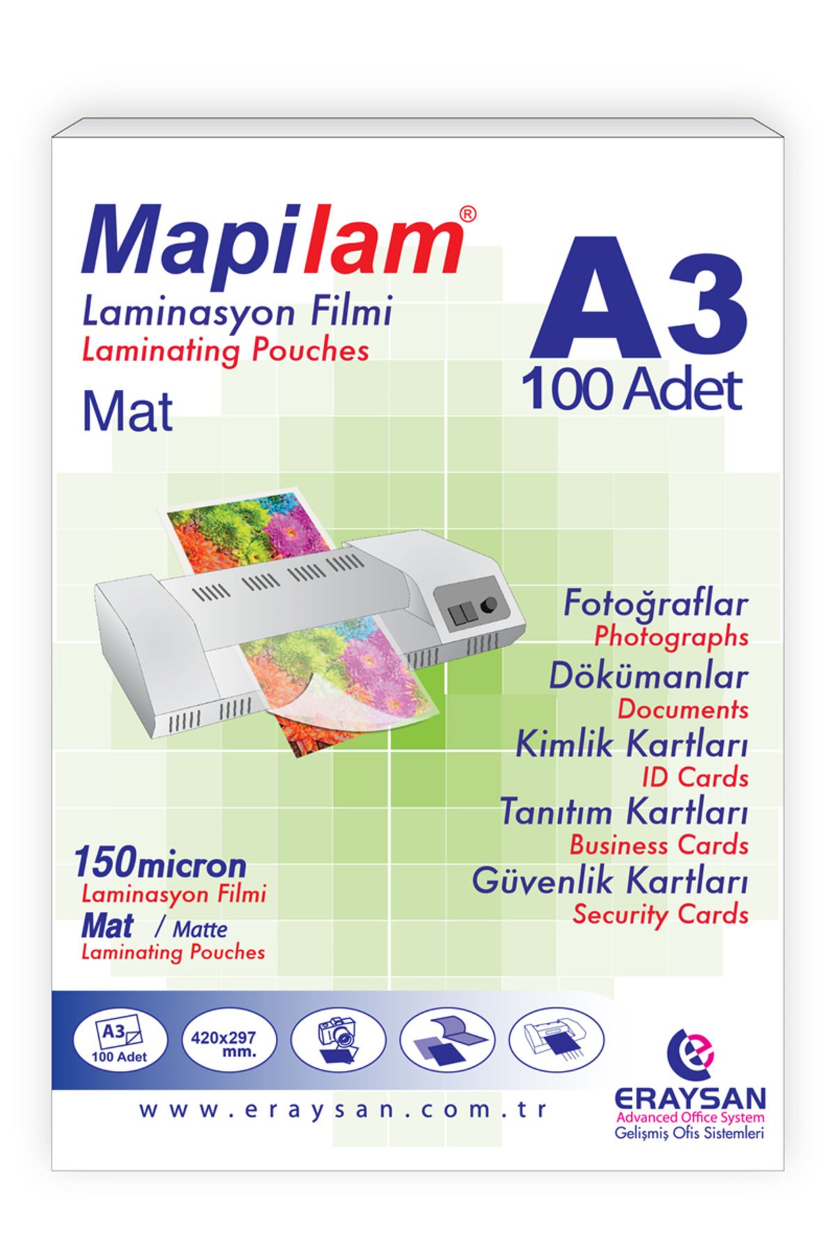 MAPİLAM 150 MİCRON MAT LAMİNASYON FİLMİ (A3) 100 LÜ