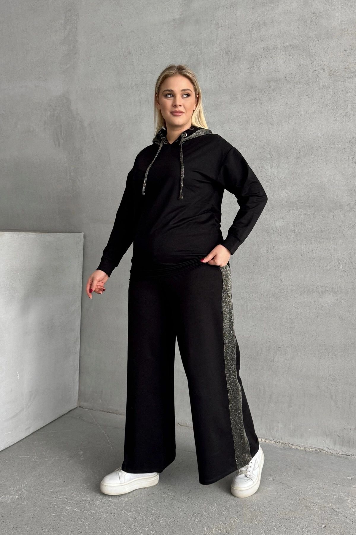 Stil Diva-Plus Size Wide Leg Sides Patterned Pocketless Sweatpants 106-74 2