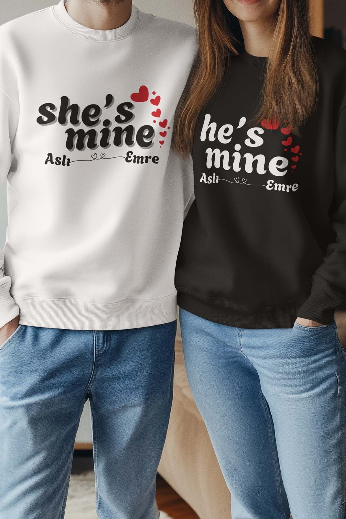 qoeuyl boutique She's He's Mine Kişiye Özel Sevgili Çift Kombin Sevgililer Günü Hediye Baskılı Sweatshirt