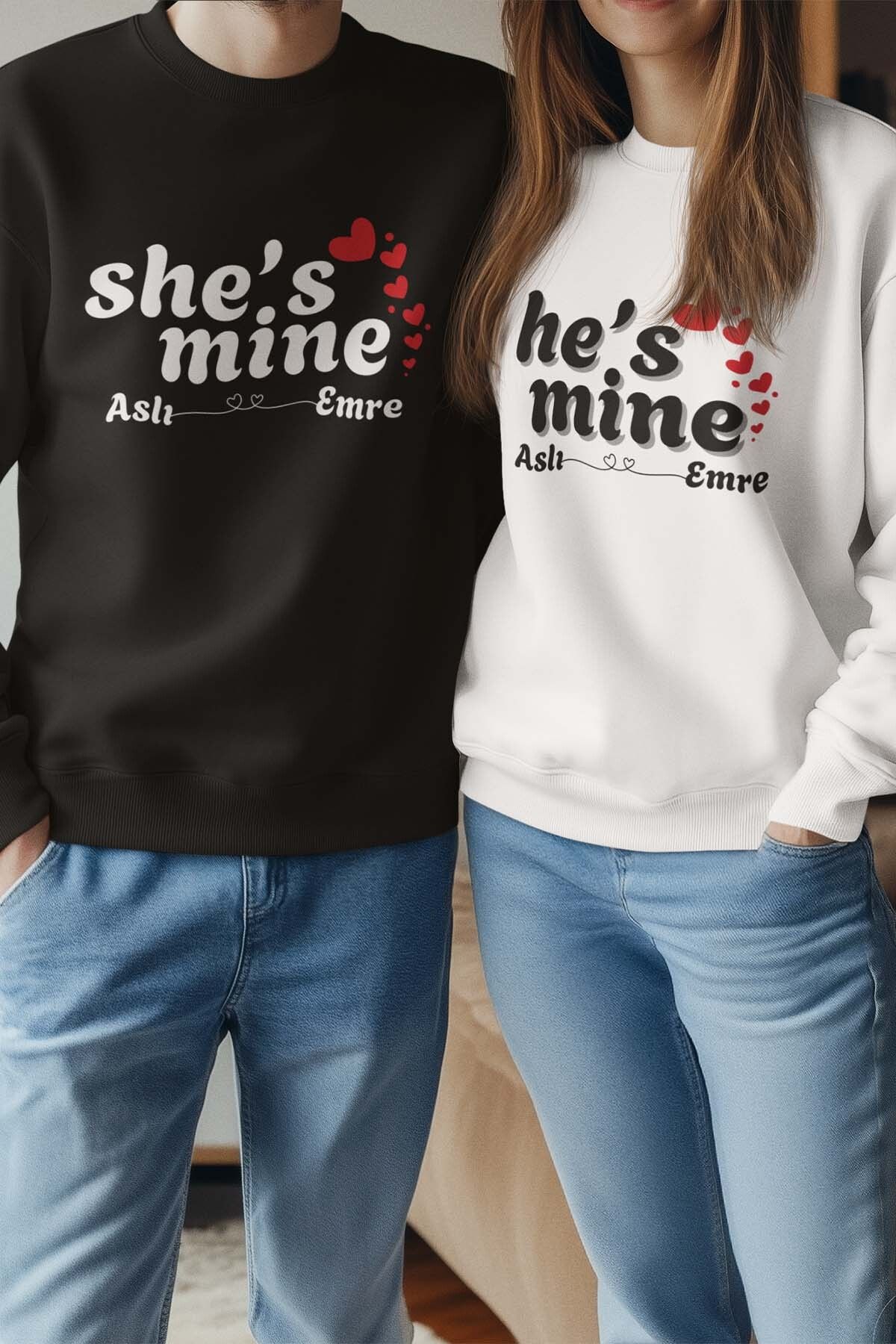 qoeuyl boutique She's He's Mine Kişiye Özel Sevgili Çift Kombin Sevgililer Günü Hediye Baskılı Sweatshirt