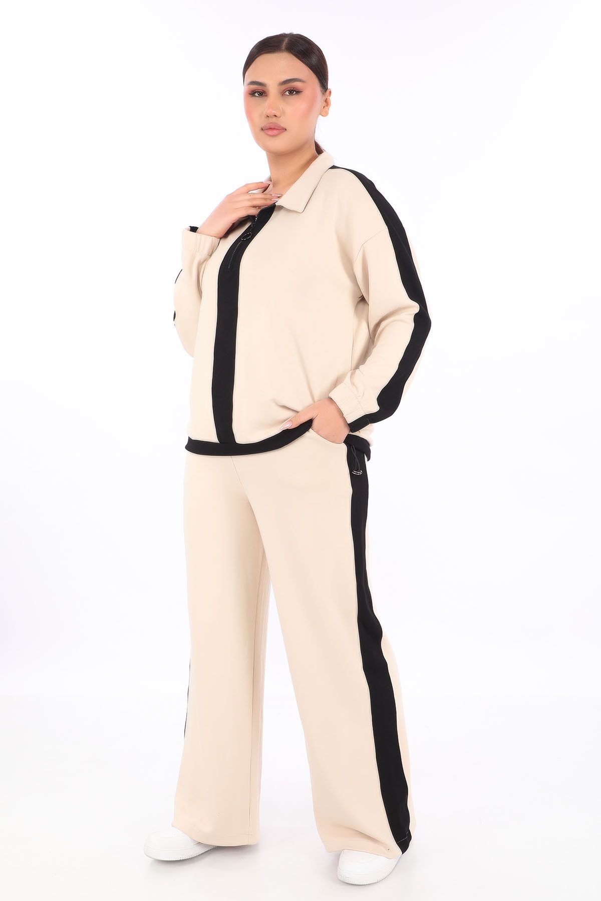 zitex-Modal Fabric Tracksuit Set with Zippered Collar Side Stripe Adjustable Elastic Waist 3