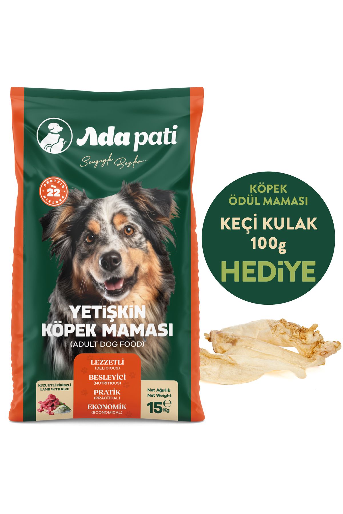 Ada Pati HEDİYELİ Köpek Maması 15 kg - Kuzu Etli Pirinçli - Keçi Kulak Ödül Maması HEDİYE