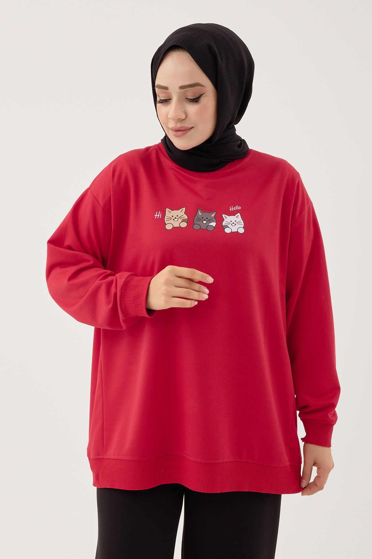 DİVİNE LİNE Kadın Kedi Baskılı Bisiklet Yaka Basic Sweatshirt