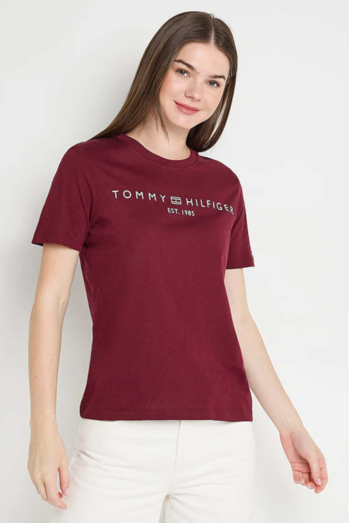 Tommy Hilfiger Kadın Th Logo Yazı T-Shirt - Bordo