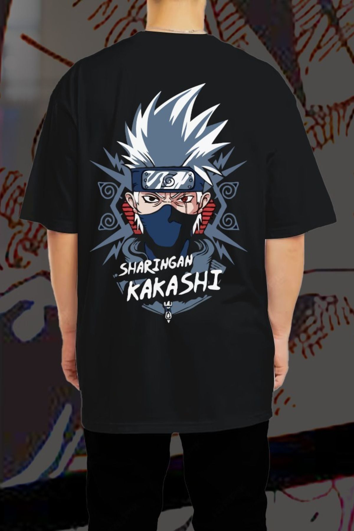 FECCY Pamuklu Sharingan Kakashi Baskılı Oversize T-shirt