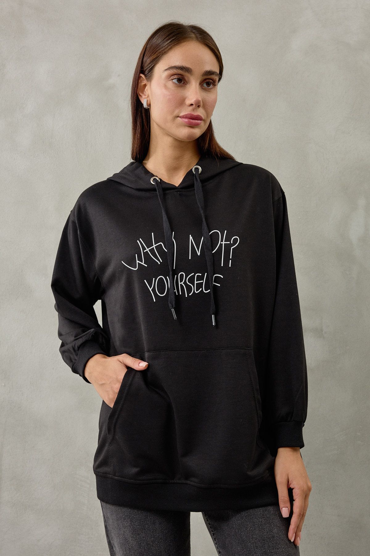 DİVİNE LİNE Kadın Baskı Detaylı Cepli Kanguru Sweatshirt