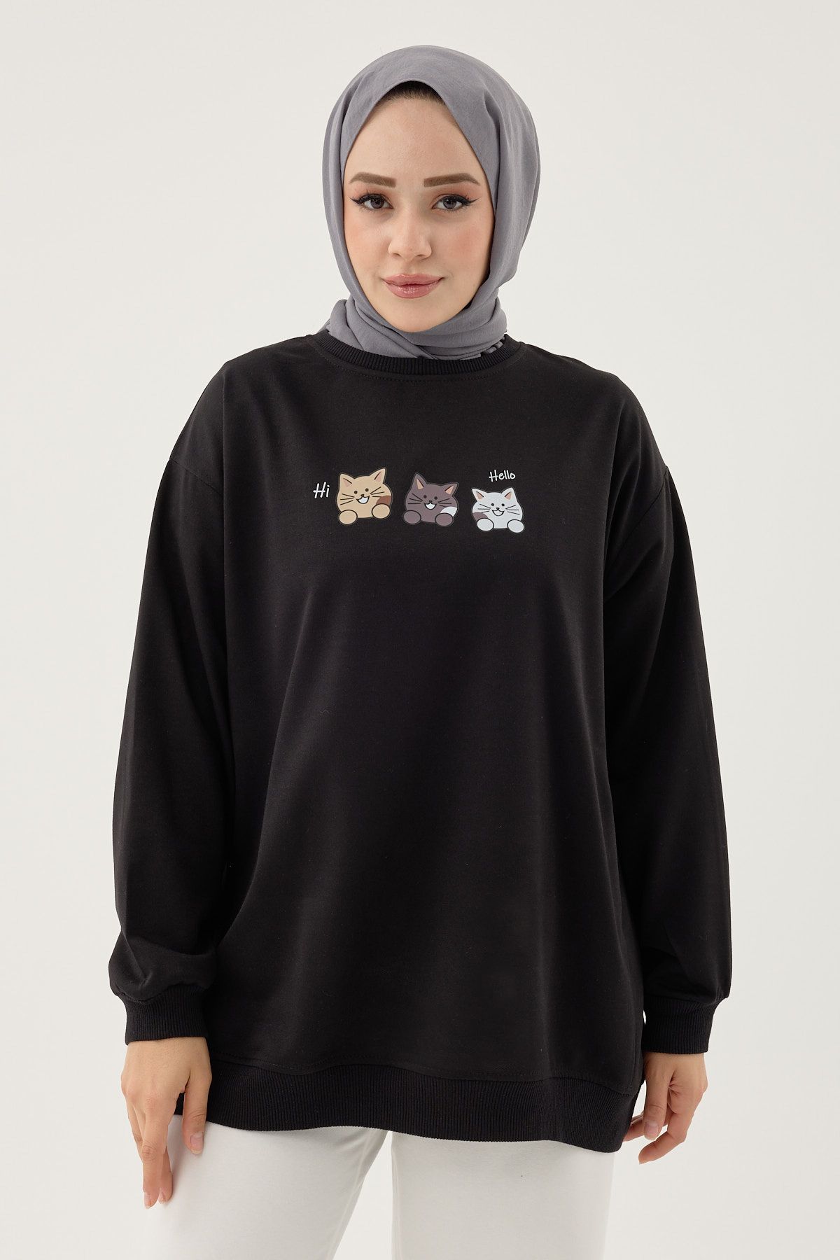 DİVİNE LİNE Kadın Kedi Baskılı Bisiklet Yaka Basic Sweatshirt