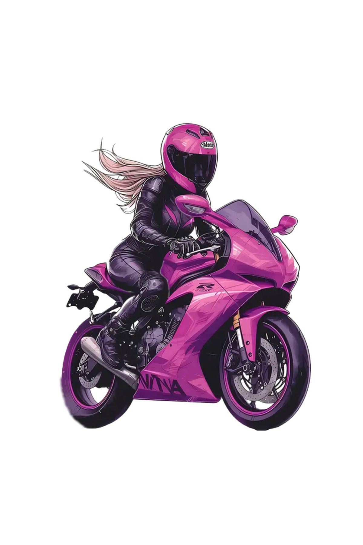 MegaSticker Pembe Motorlu Kız Araba, Motorsiklet, Kask, Laptop, Cam Sticker 13x11 Cm