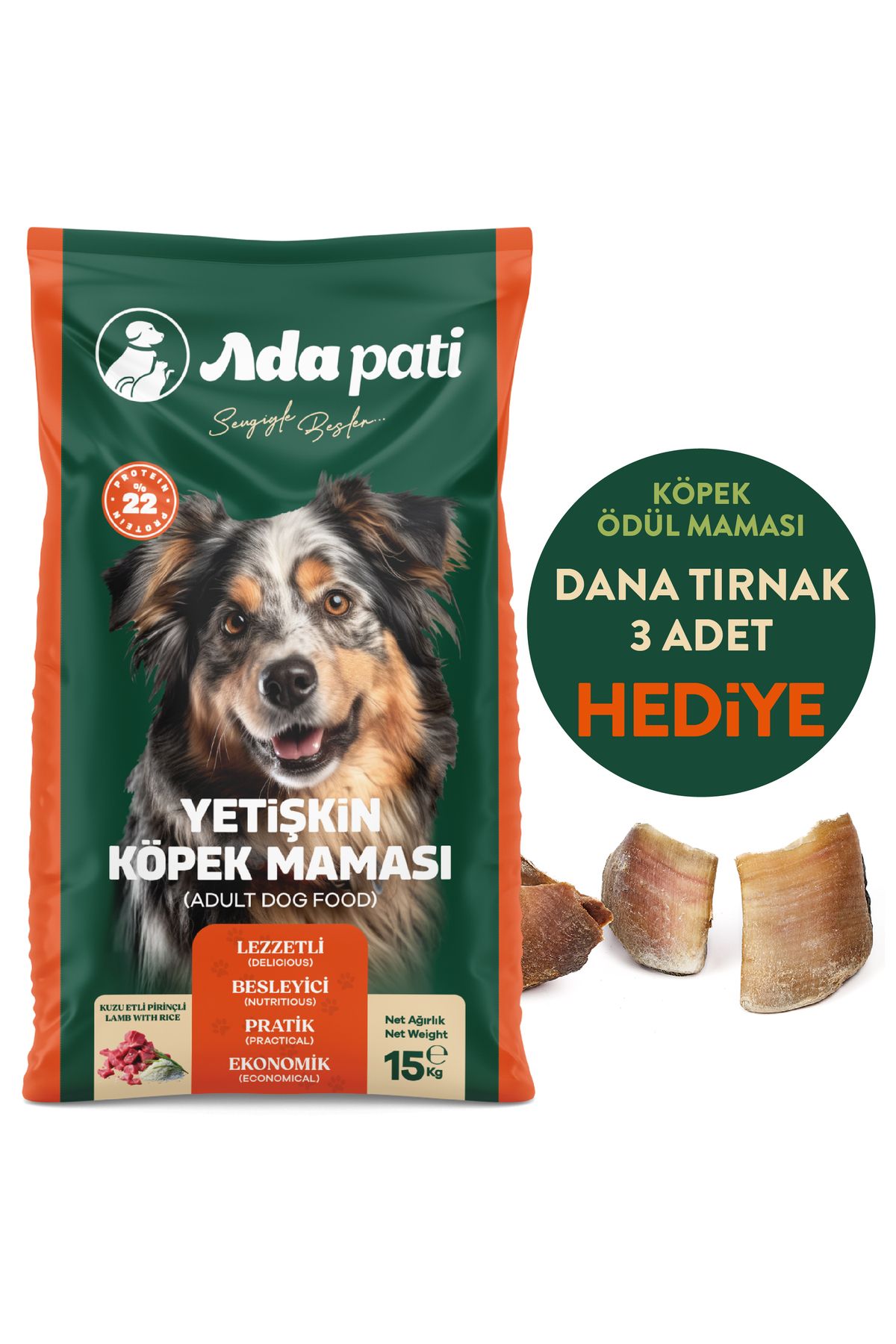 Ada Pati HEDİYELİ Köpek Maması 15 kg - Kuzu Etli Pirinçli - Dana Tırnak Ödül Maması HEDİYE