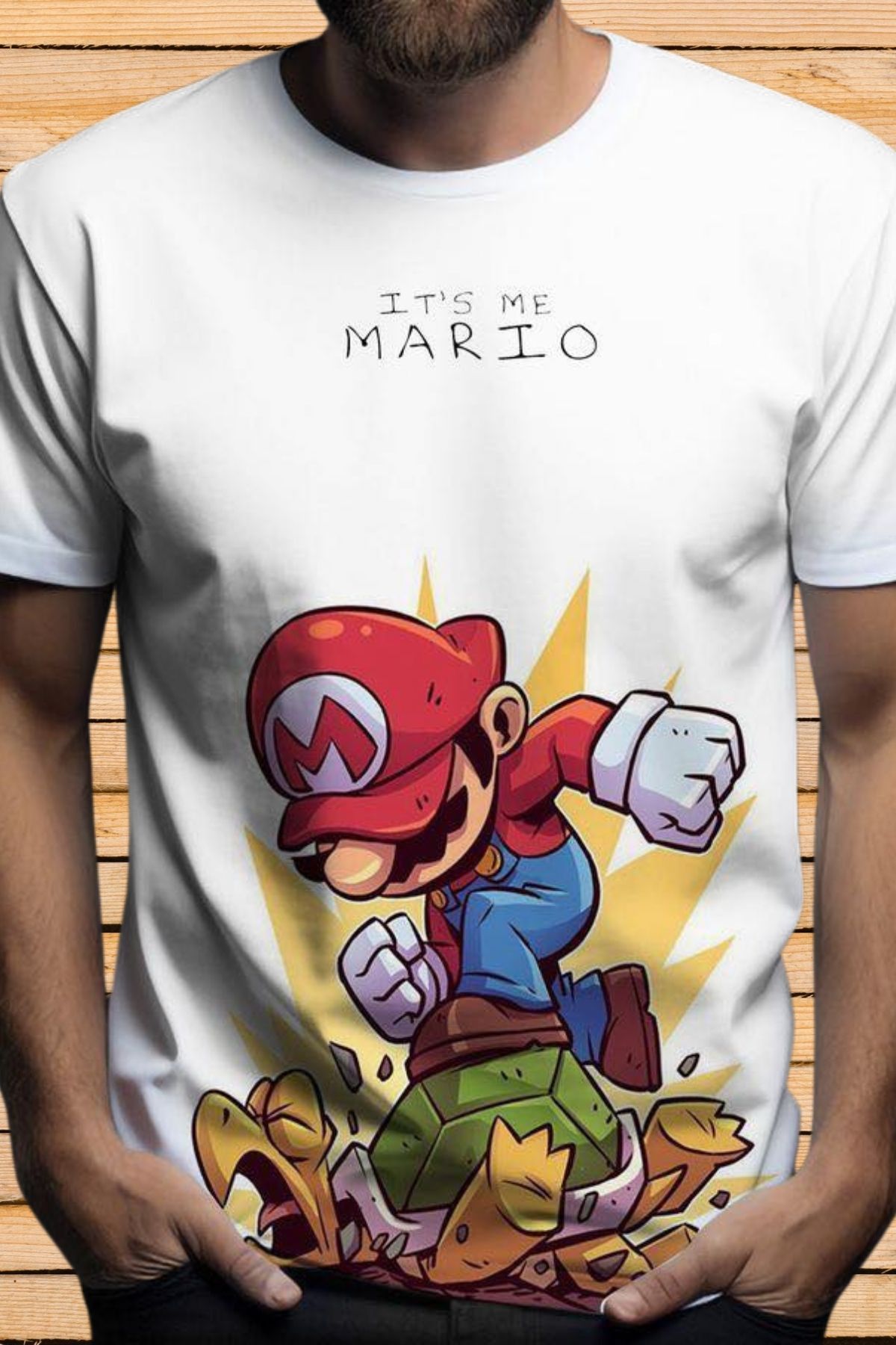 FECCY Pamuklu Super Mario Temalı Beyaz T-shirt