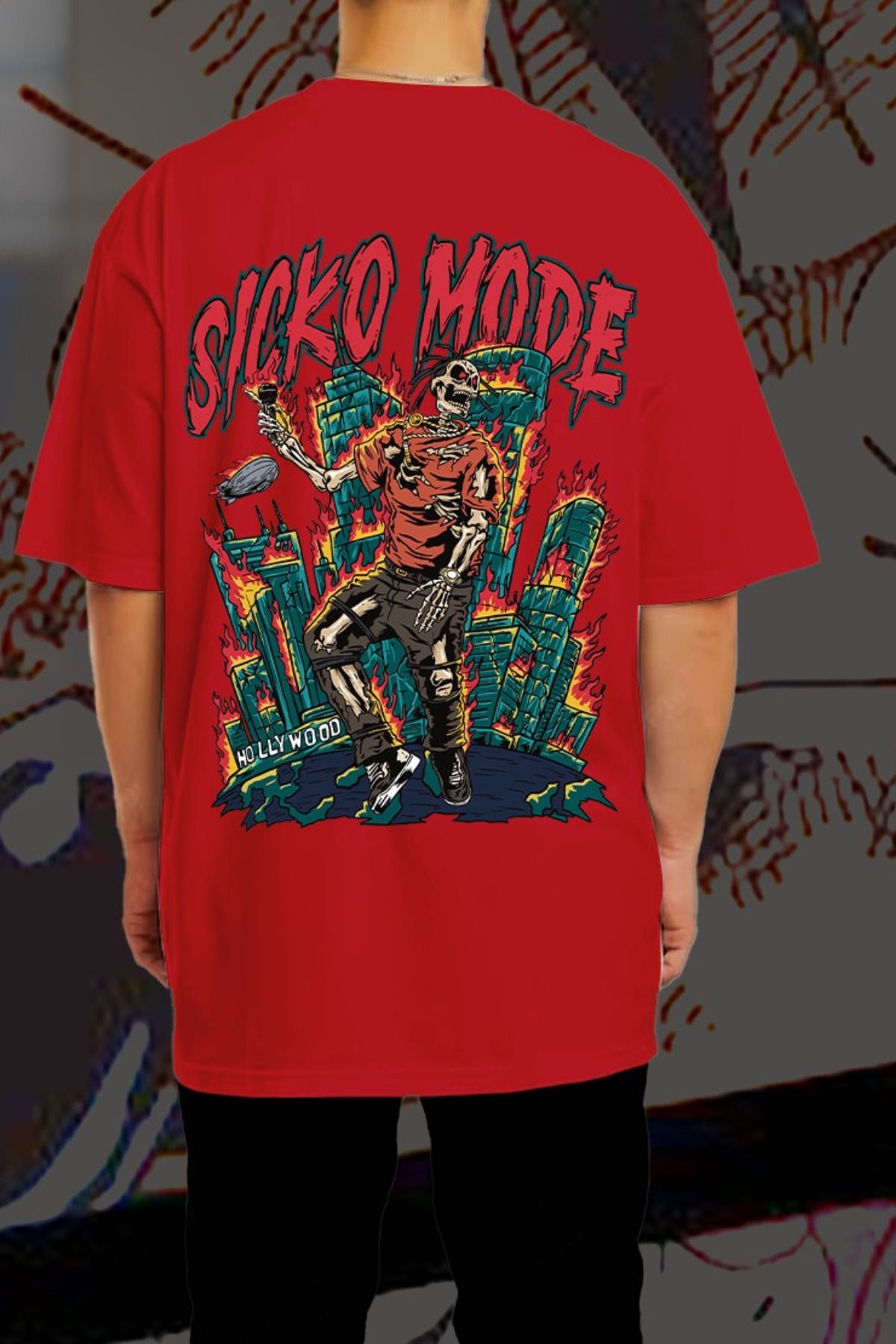 FECCY Pamuklu Sicko Mode Baskılı Oversize T-shirt