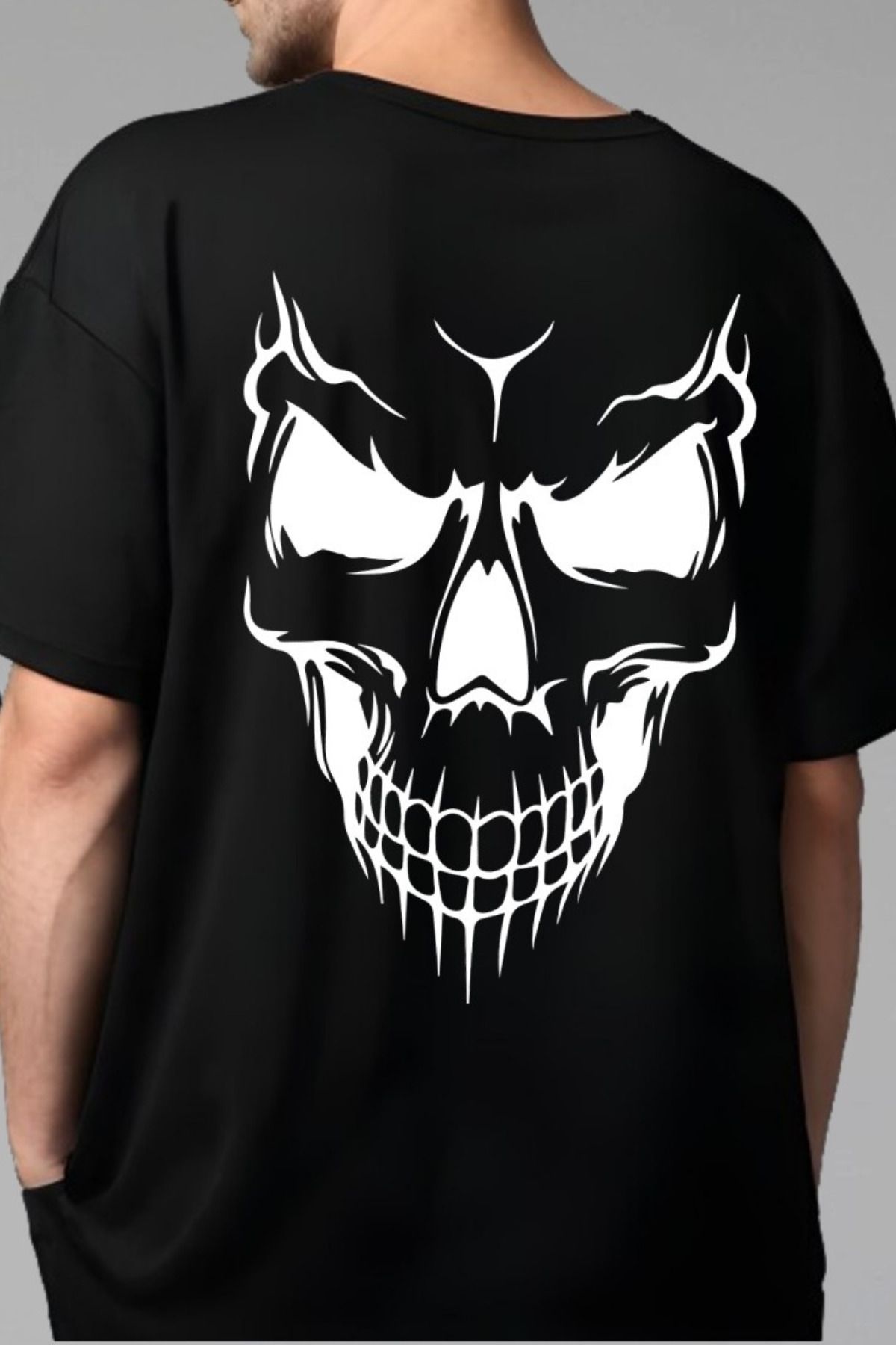 FECCY Pamuklu Skull Baskılı Oversize T-shirt