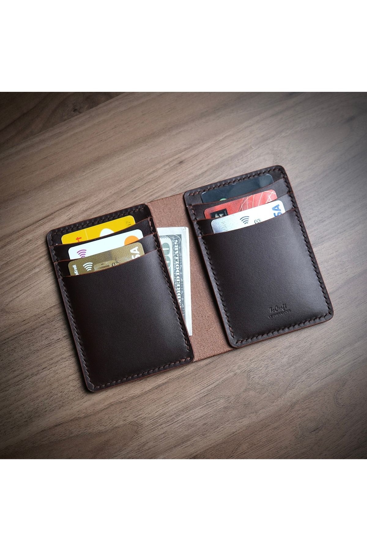 shop Leather Vertical Wallet V2 - El Yapımı Gerçek Deri Kartlık, Kağıt Para Bölmel (kahve