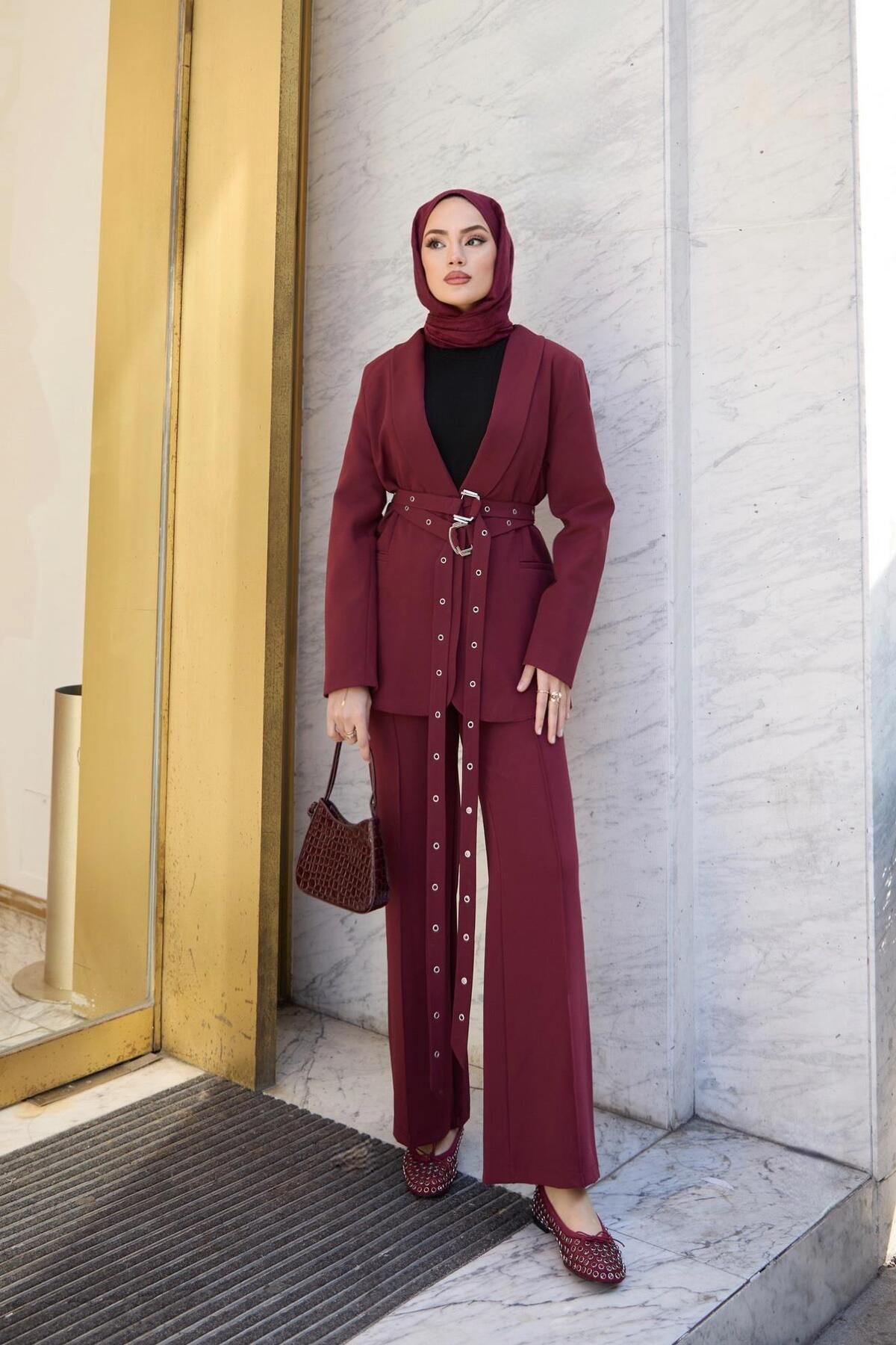 QUQA Çift Kemerli Blazer Takım - Bordo