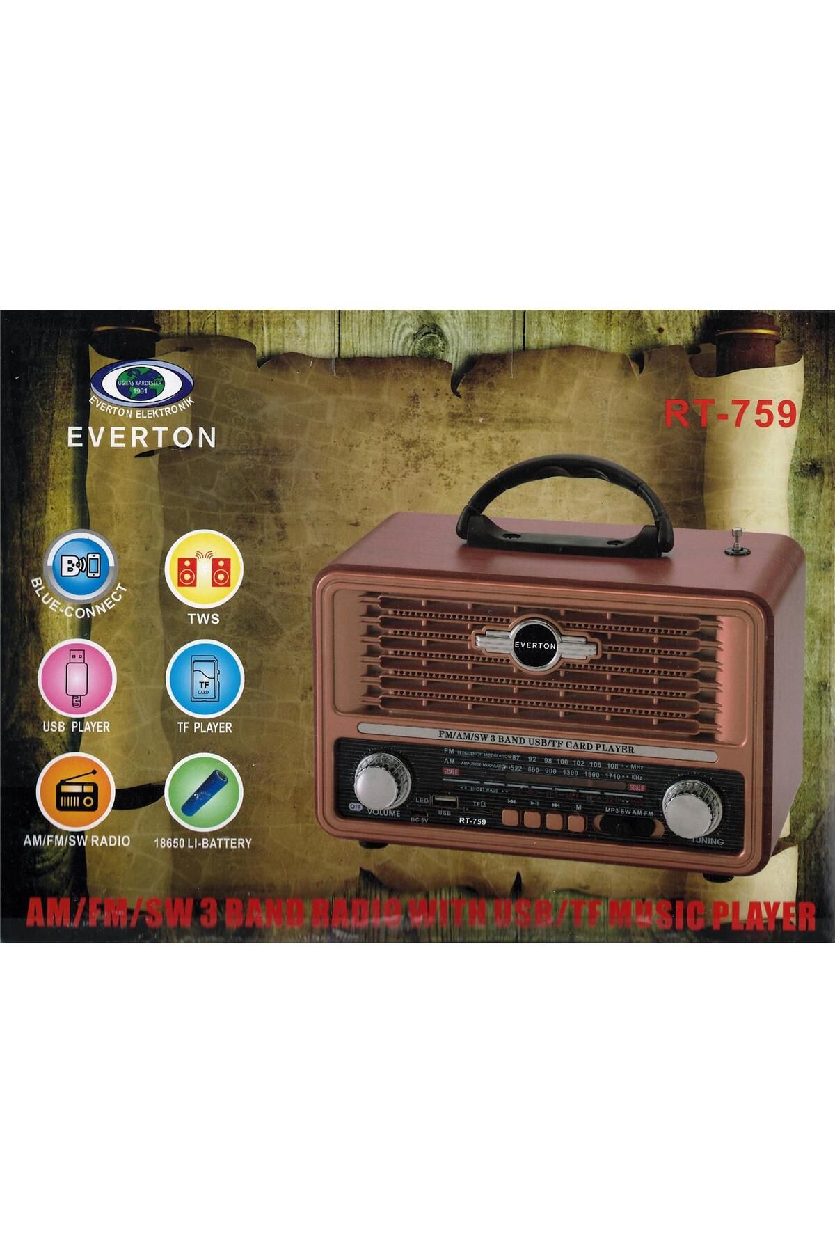 Vobotek Teknoloji Everton Rt-759 Bluetooth Fm-Usb-Tf-Aux Şarjlı Nostaljik Radyo