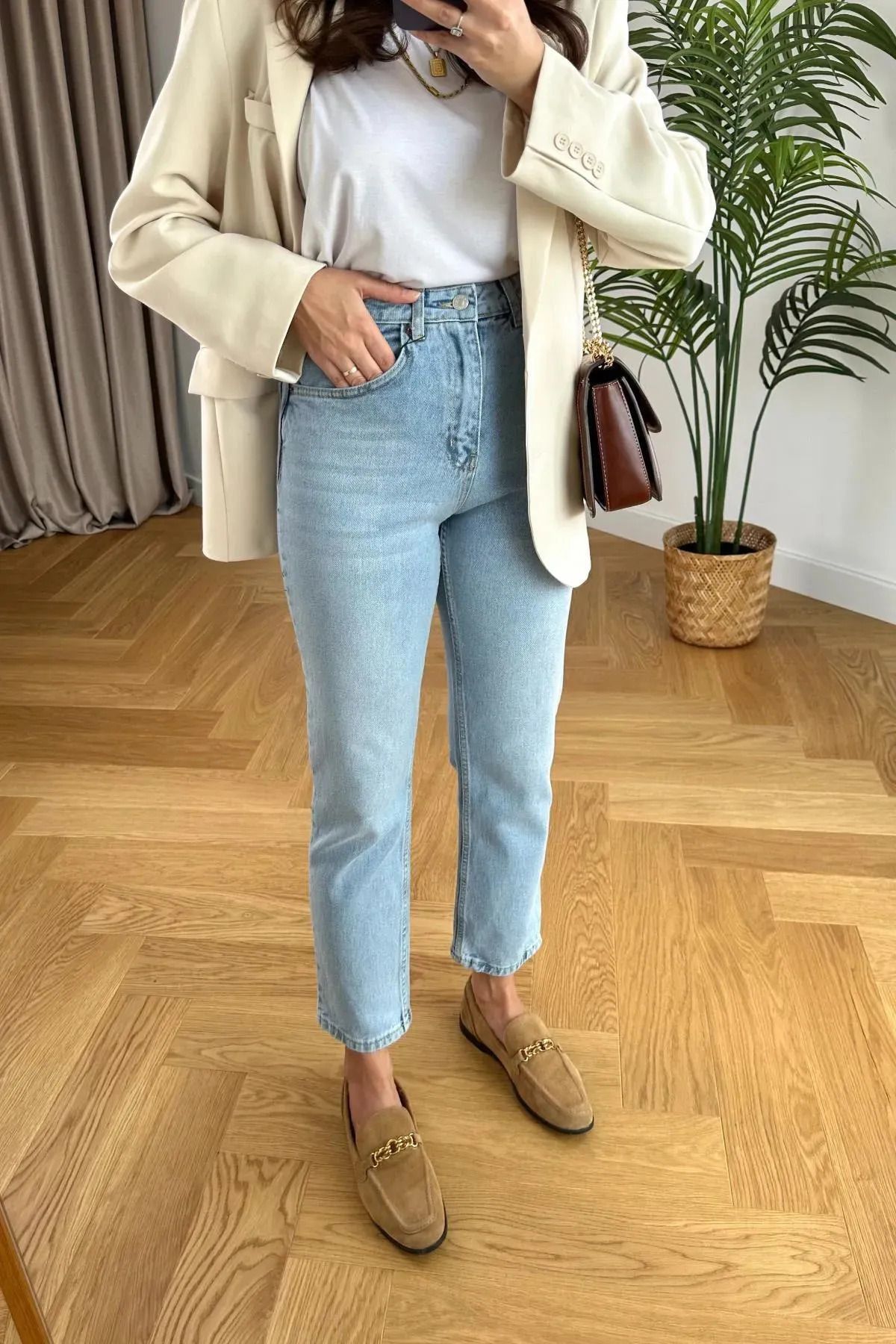 jaxen Julia Jeans Kadın Mavi Kar Yıkama Yüksek Bel Likralı Mom Jenas Denim Kot Pantolon