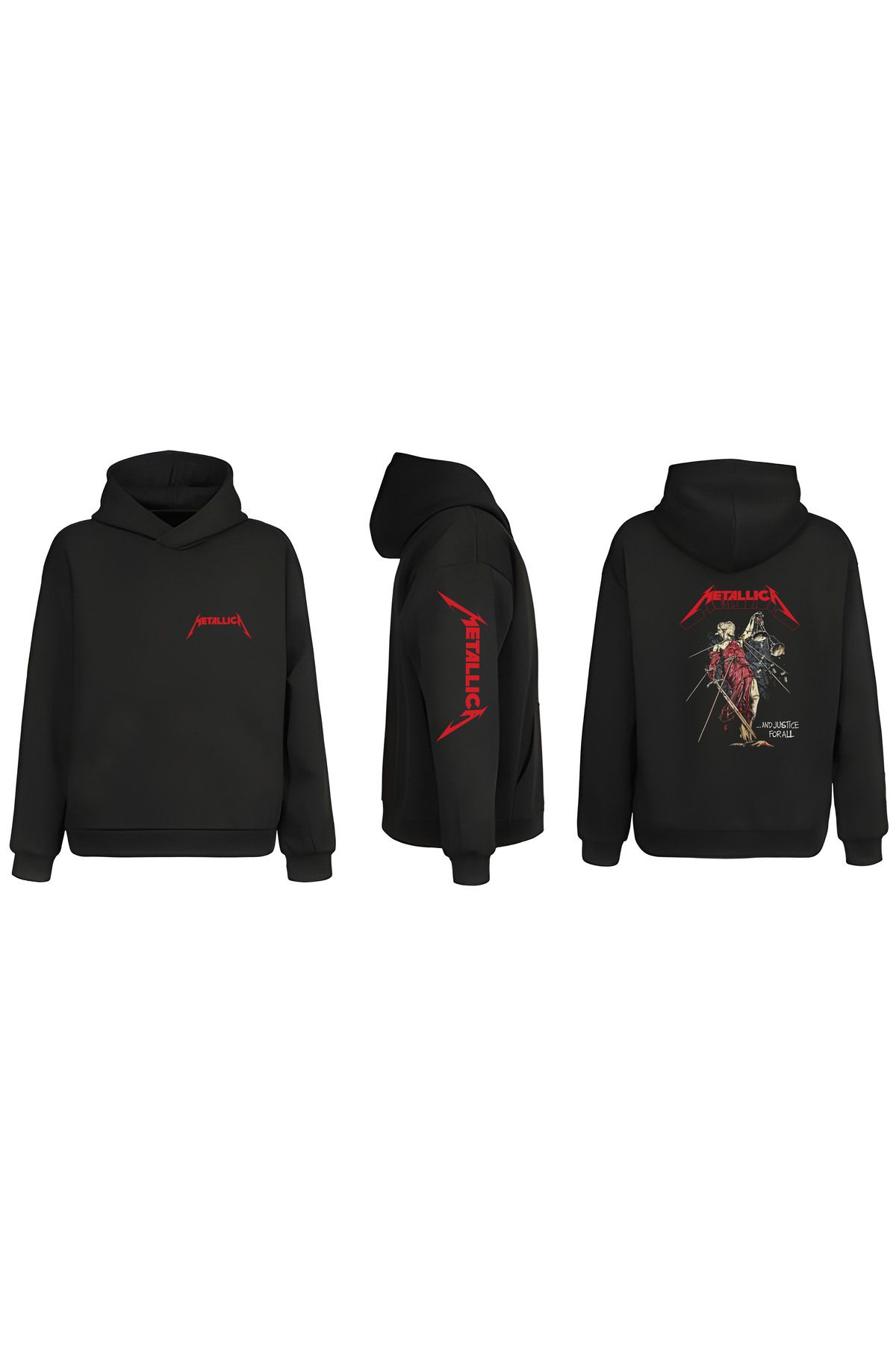 sielta Metallica Müzik Grubu  Kol Baskılı Çift Taraflı Kapşonlu Unisex Siyah Sweathsirt Hoodie