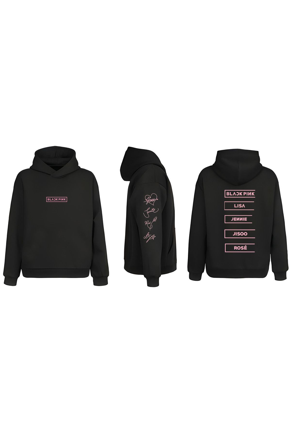 sielta Blackpink Müzik Grubu Kol Baskılı Çift Taraflı Kapşonlu Unisex Siyah Sweathsirt Hoodie