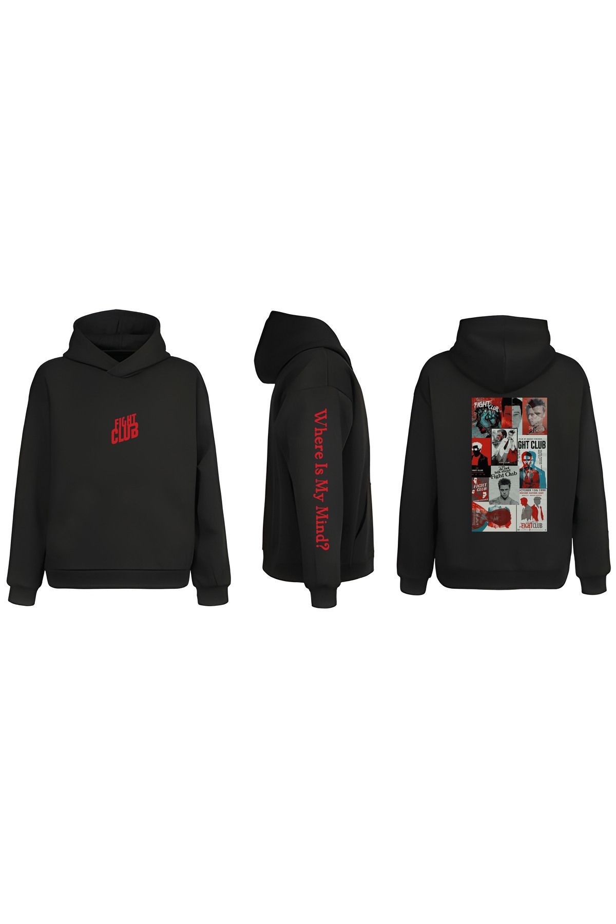 sielta Fight Club  Dövüş Kulübü Kol Baskılı Çift Taraflı Kapşonlu Unisex Siyah Sweathsirt Hoodie