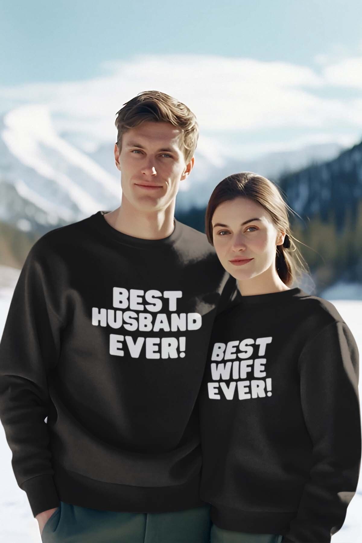 qoeuyl boutique Best Husband - Wife Ever Sevgili Çift Kombin Sevgililer Günü Hediye Baskılı Bisiklet Yaka Sweatshirt