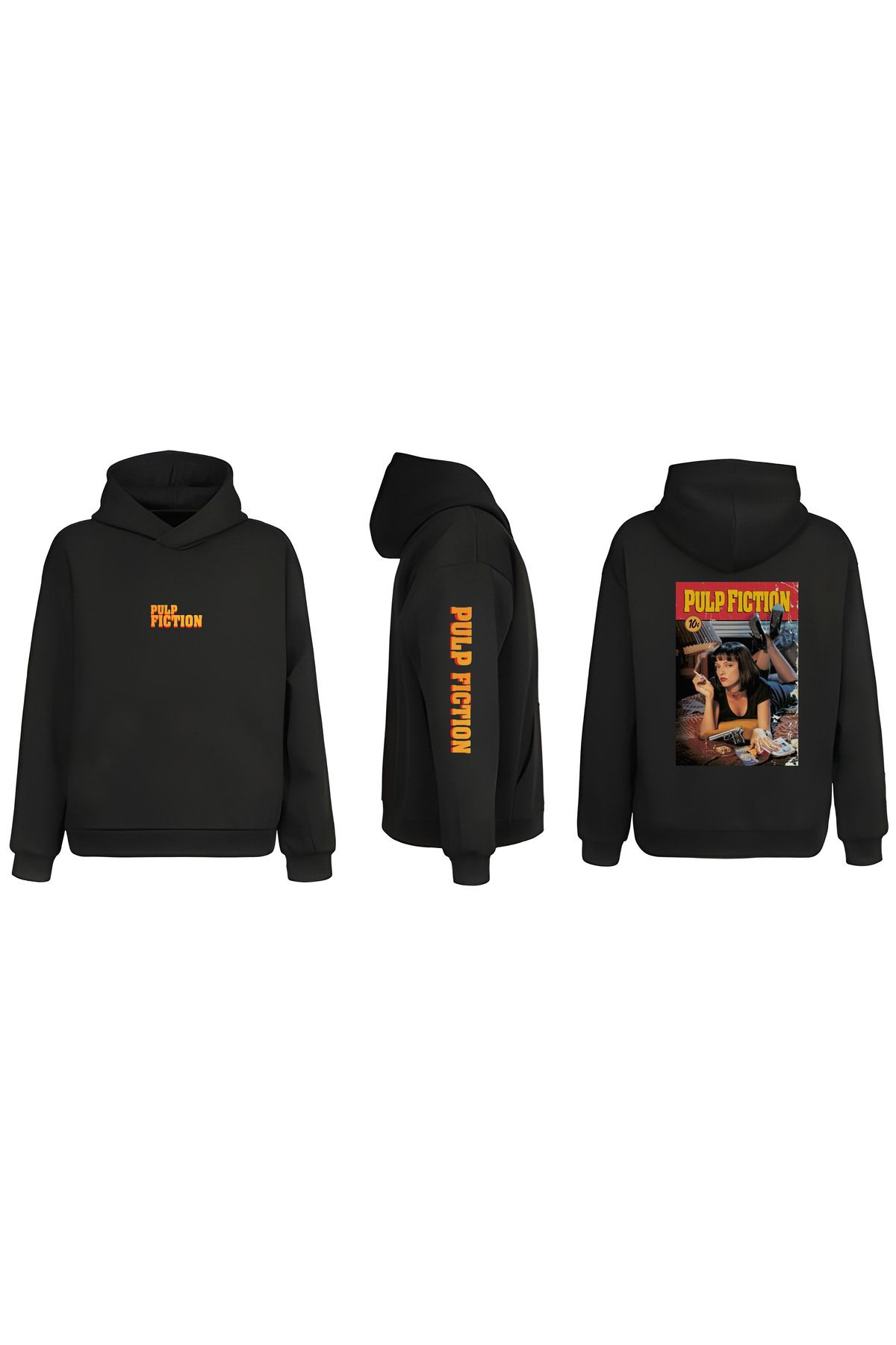 sielta Pulp Fiction Ucuz Roman  Kol Baskılı Çift Taraflı Kapşonlu Unisex Siyah Sweathsirt Hoodie