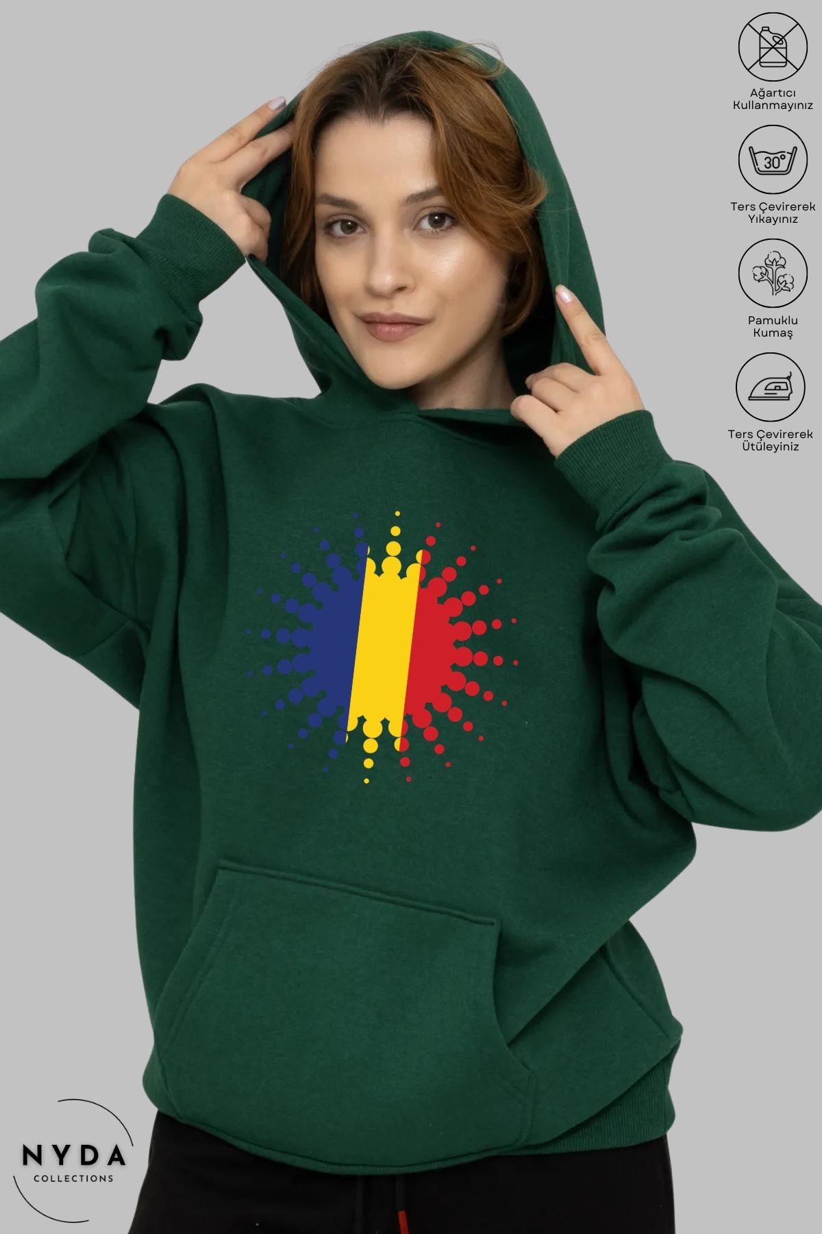 Nyda Collections Unisex Hoodie Uzun Kollu Romania Baskılı Kapüşonlu Şardonlu Oversize Pamuk Sweatshirt