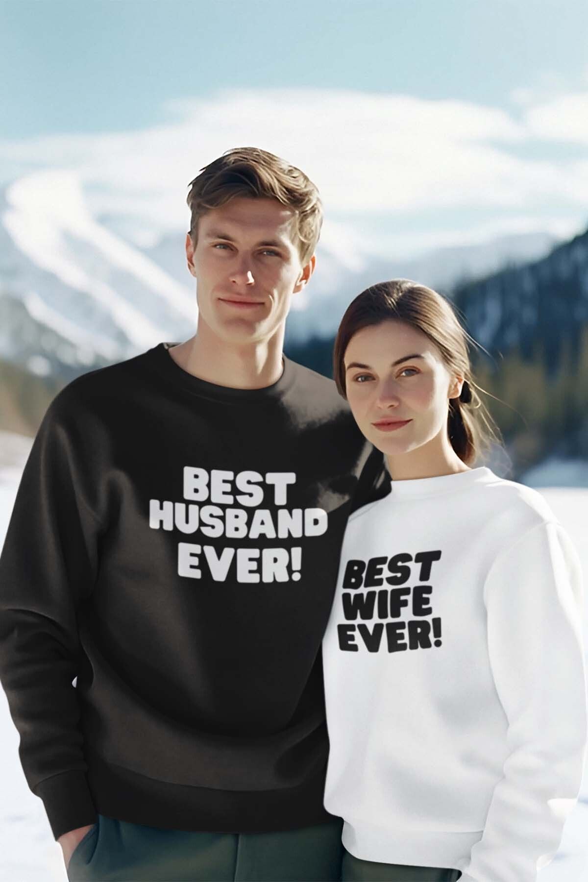 qoeuyl boutique Best Husband - Wife Ever Sevgili Çift Kombin Sevgililer Günü Hediye Baskılı Bisiklet Yaka Sweatshirt