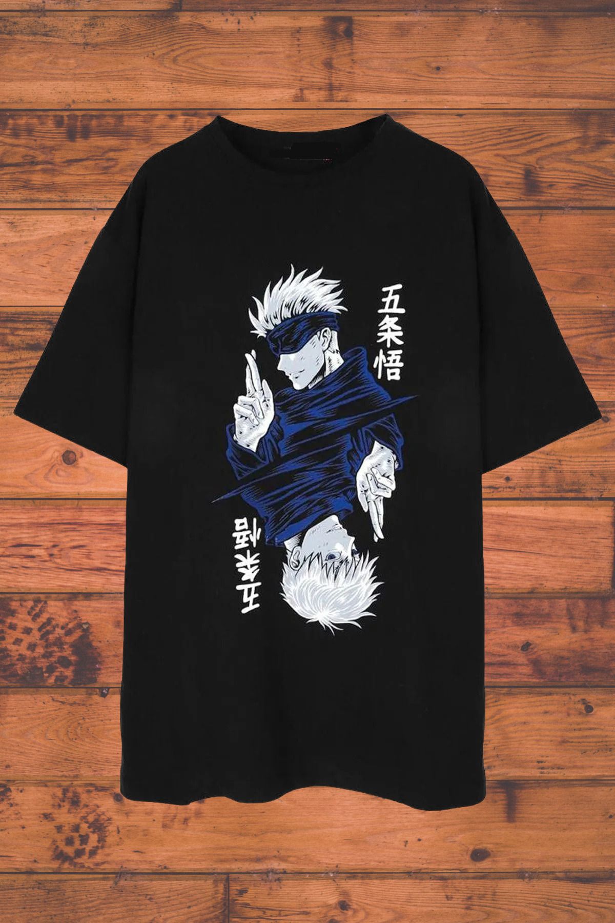 FECCY Pamuklu Unisex Oversize Anime Jujutsu Kaisen Gojo & Itadori Baskılı Siyah Tişört