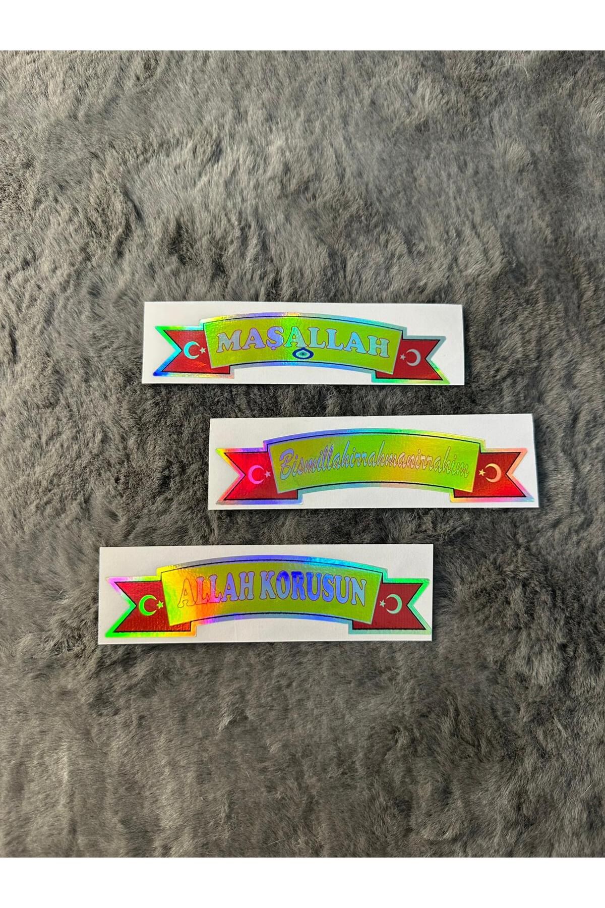 MOTTOMOR Maşallah Besmele Allah Korusun 3'lü Hologram Etiket Sticker Yapıştırma Araba Tır Kamyon Dolmuş