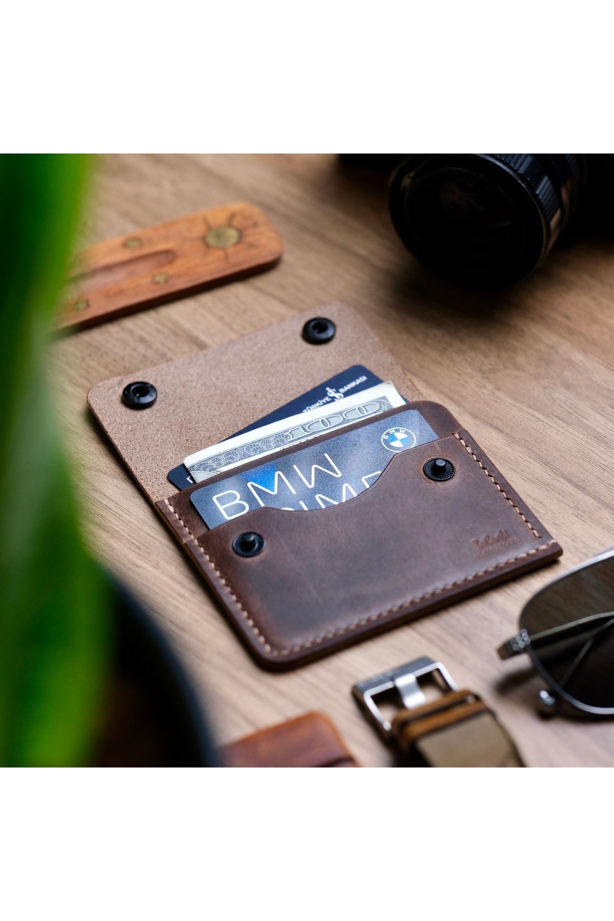 shop Handmade Leather Flap Wallet – Minimalist Natural Veg-Tan Leather Card Holder with Snap Closure