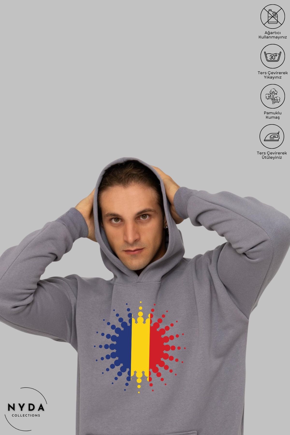 Nyda Collections Unisex Hoodie Uzun Kollu Romania Baskılı Kapüşonlu Şardonlu Oversize Pamuk Sweatshirt