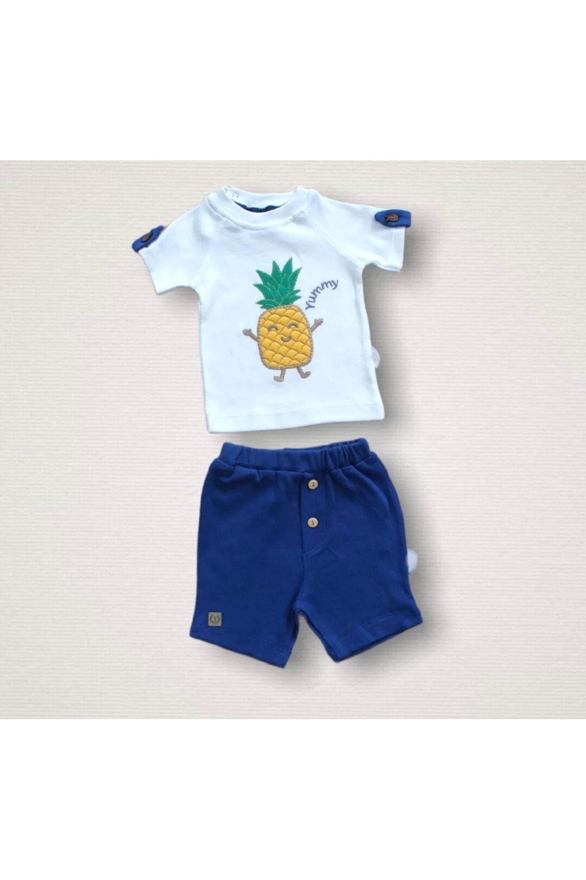 Moda Azze Ananas Nakışlı Kısa Kollu Sweatli Şortlu 2li Kız-erkek Bebek Takımı Mavi