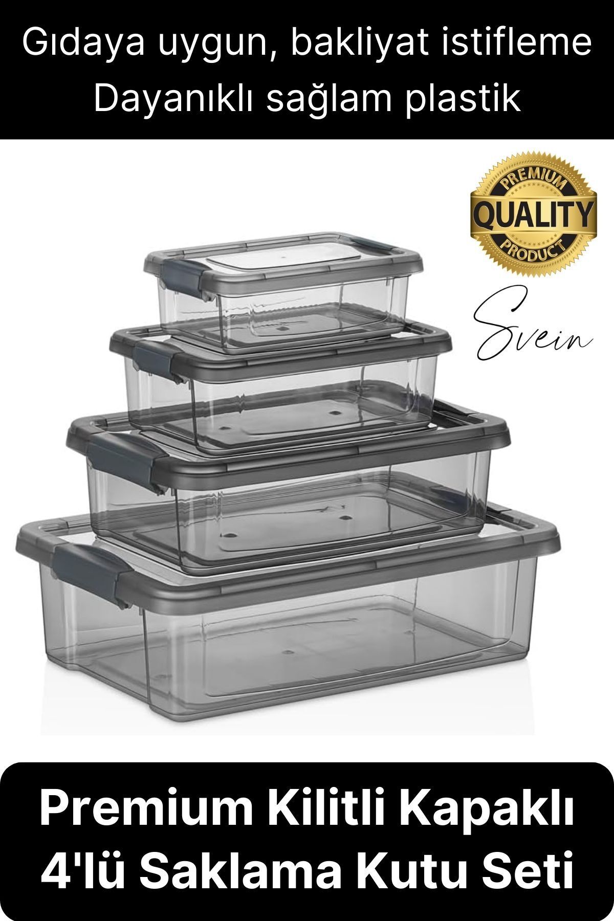 Svein Premium Organizer 4'lü Plastik Erzak Gıda Saklama Kabı Seti İç İçe Kilitli İstifleme Yer Tasarrufu