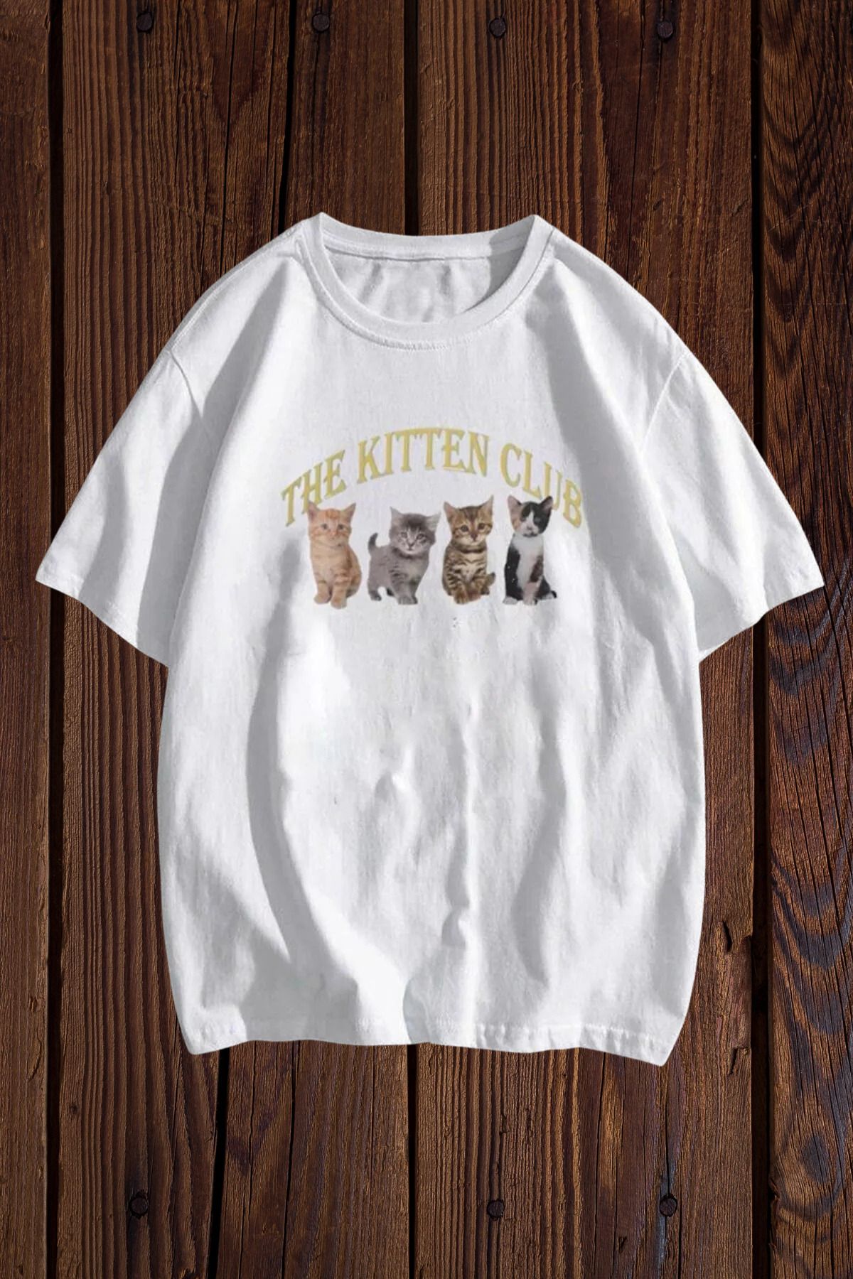 FECCY Pamuklu The Kitten Club Beyaz Unisex Oversize T-shirt