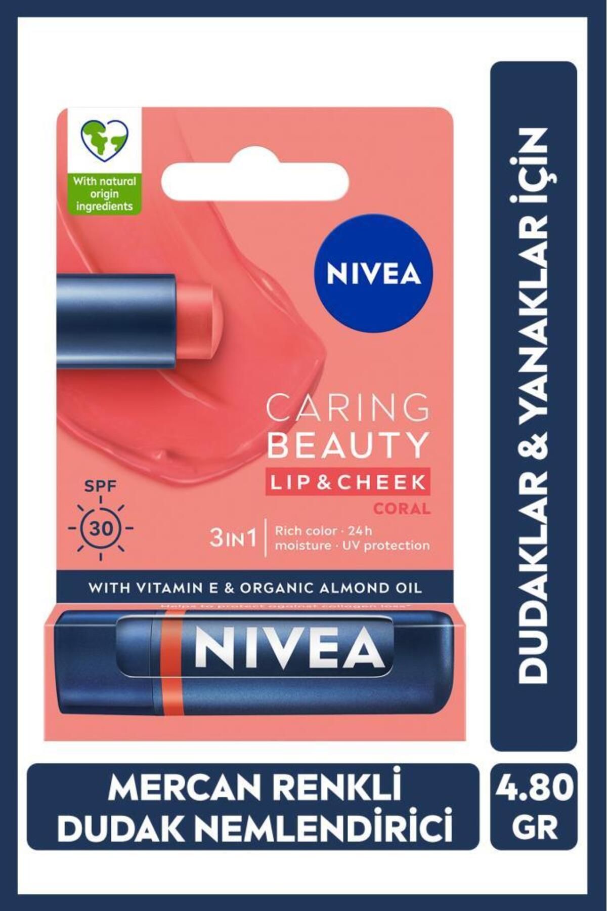 NIVEA Renkli Nemlendirici Dudak Bakım Kremi Mercan 4.8gr,SPF30, Allık Etkisi, Dudak ve Yanaklar,E Vitamini