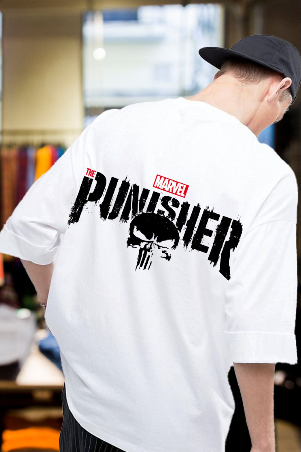 FECCY Pamuklu The Punisher Baskılı Oversize T-shirt