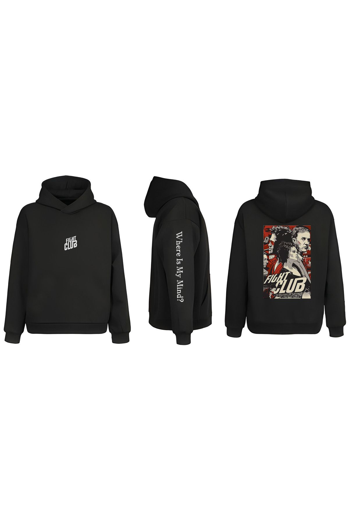 sielta Fight Club  Dövüş Kulübü Kol Baskılı Çift Taraflı Kapşonlu Unisex Siyah Sweathsirt Hoodie