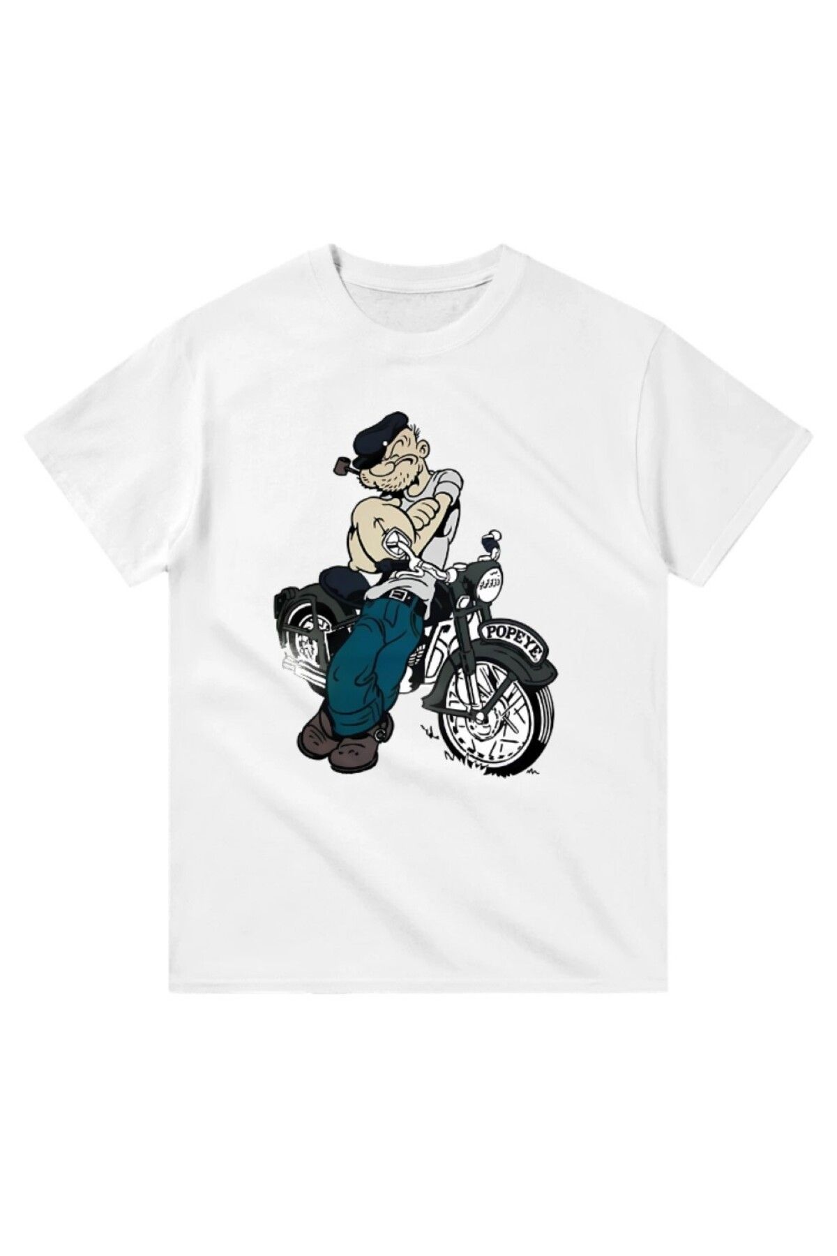 Cooqpoo Motorun Önünde Kaslı Adam Baskılı XS-S-M-L-XL-2XL Beden Kadın Erkek Unisex Pamuklu Beyaz Tshirt