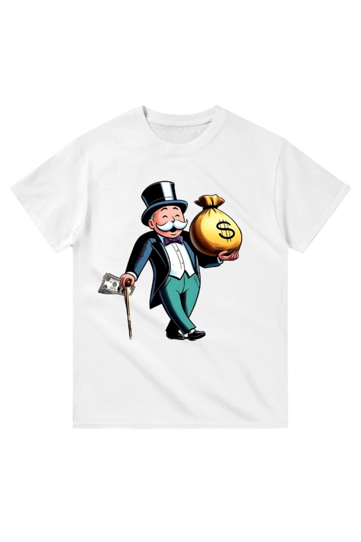 Cooqpoo Para Çuvalı Taşıyan Adam Baskılı XS-S-M-L-XL-2XL Beden Kadın Erkek Unisex Pamuklu Beyaz Tshirt