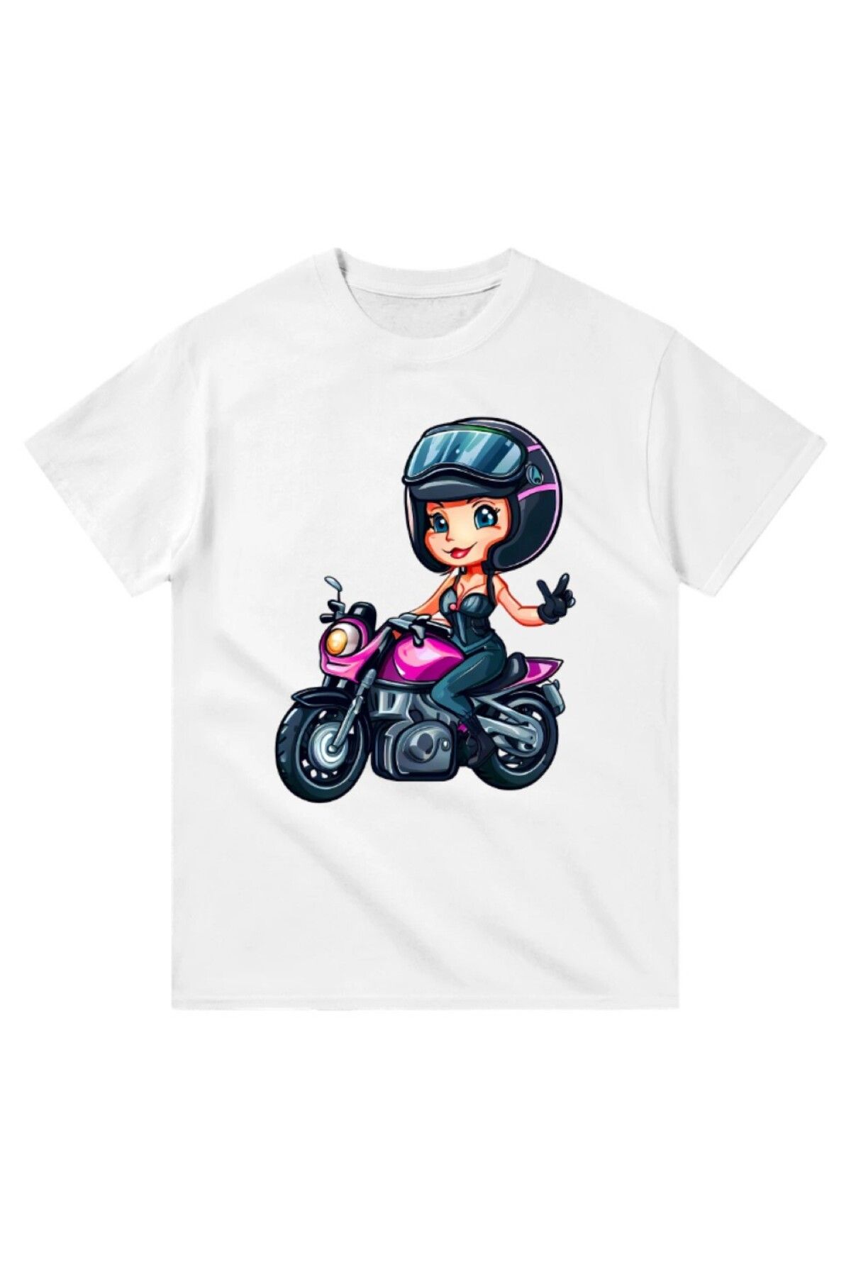 Cooqpoo Pembe Motorlu Kadın Baskılı XS-S-M-L-XL-2XL Beden Kadın Erkek Unisex Pamuklu Beyaz Tshirt