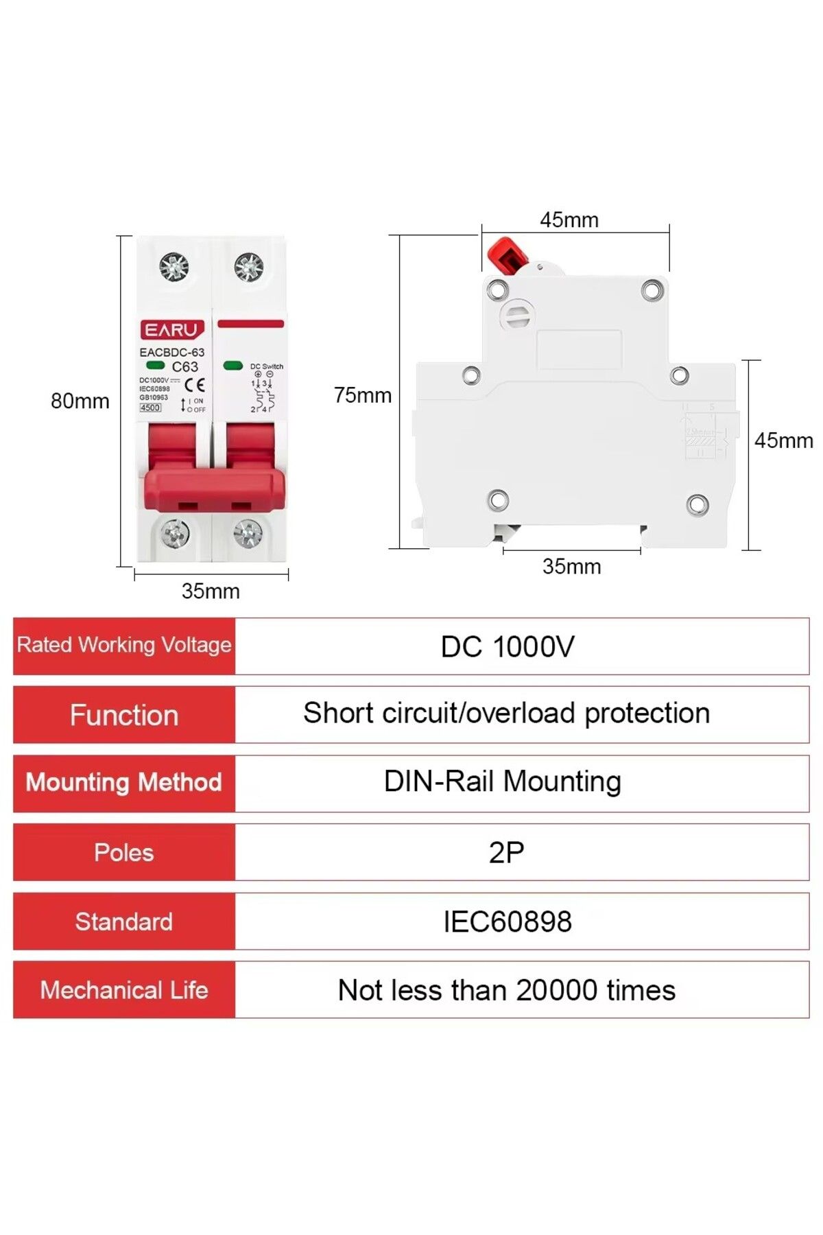 EARUELETRIC-2p 63a 2p Dc 1000v Mcb Solar Mini Circuit Breaker Overload Protection Switch 6a 10a 16a 20a 25a 32a 2